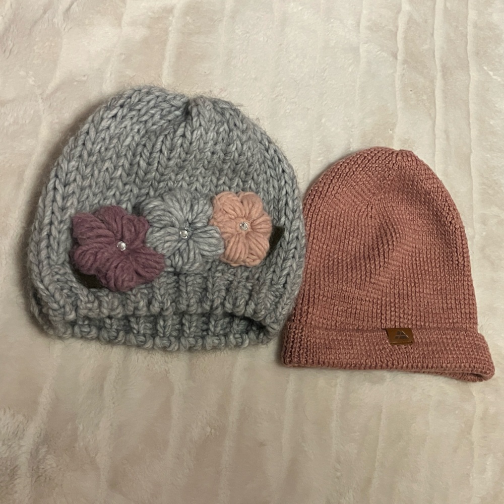 Merino and Wool Knit Beanie Set -Gray and Pink